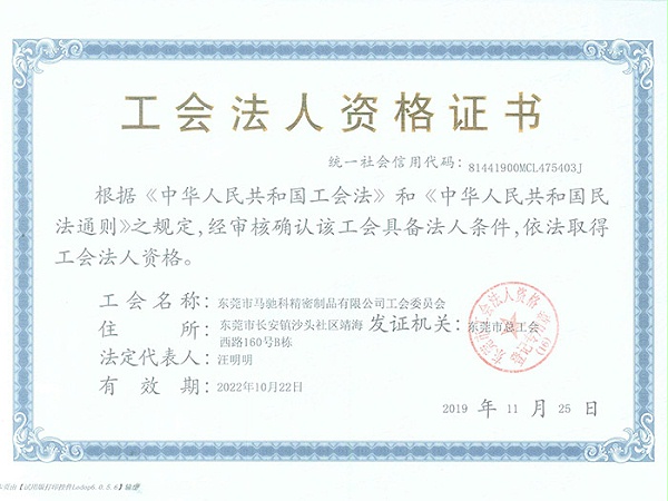 东莞市马驰科塑胶厂工会法人资格证书
